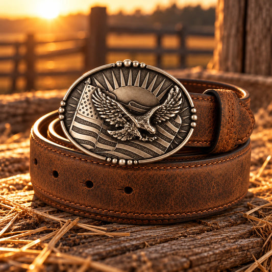 Men's American Eagle Flag Belt & Buckle on rustic wood at golden hour