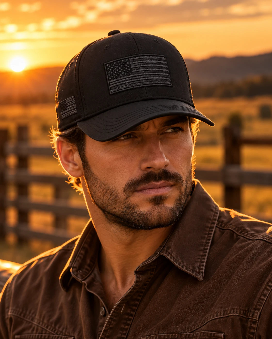 Men's Tactical Flag Patch Cap worn at golden hour