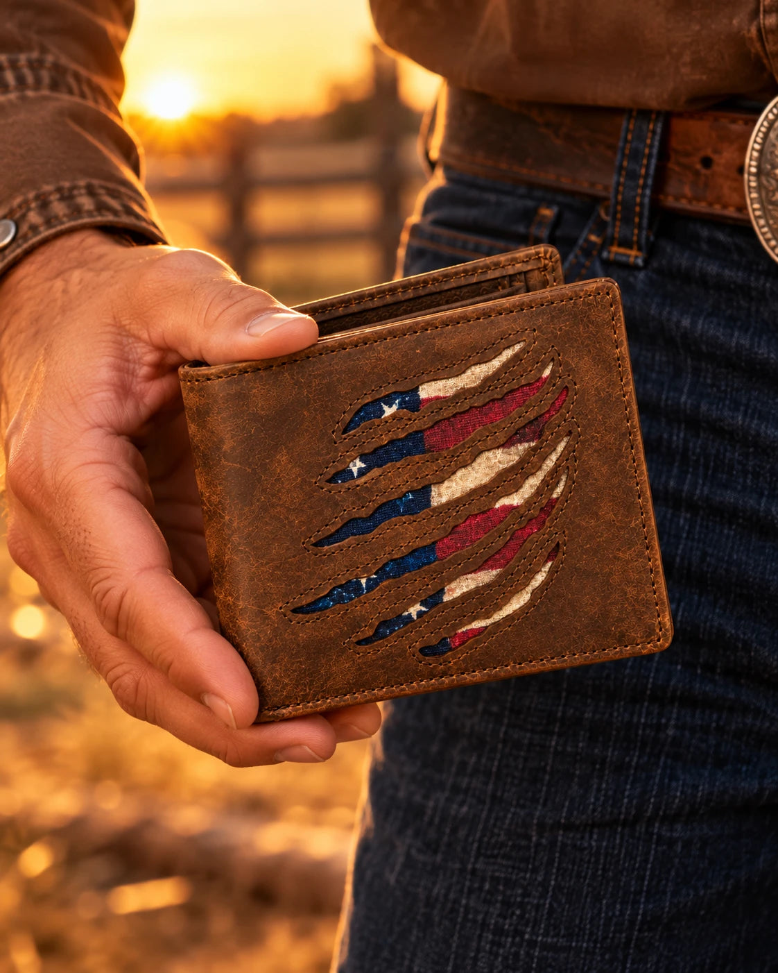 Men's American Flag Slash Bifold Wallet held in hand
