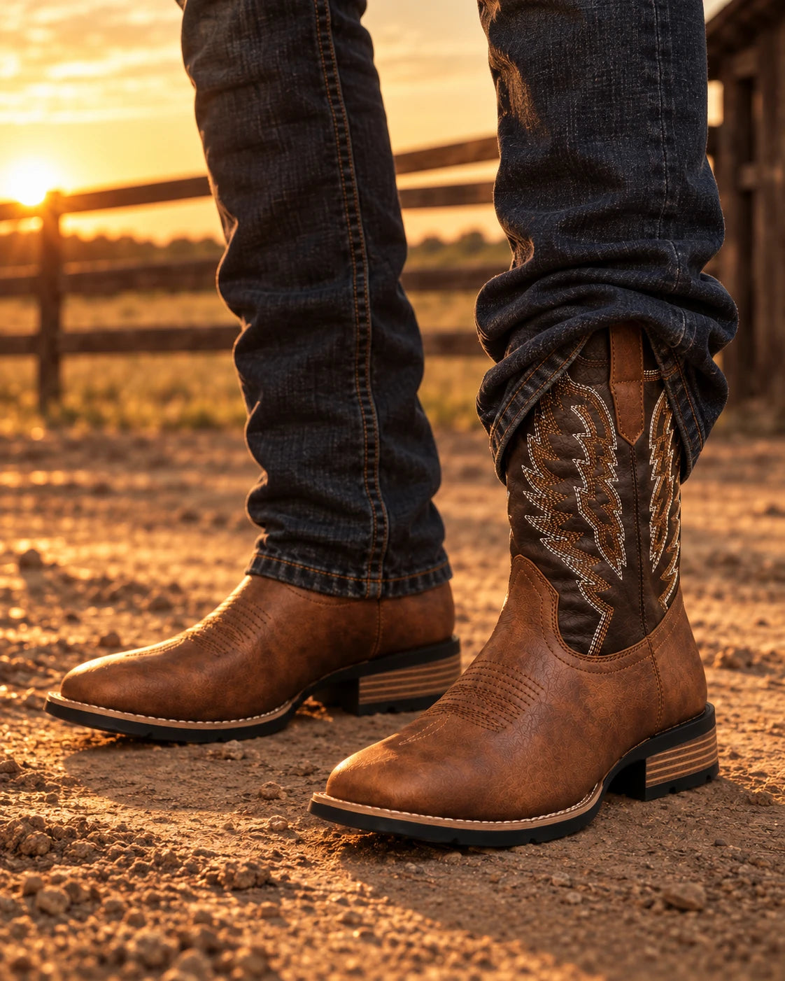 Men's Stitched Shaft Western Boots in brown worn with jeans on a ranch path