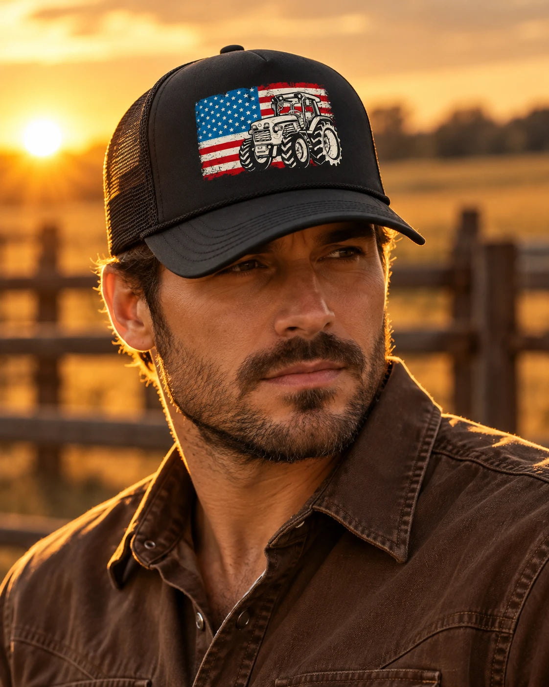 Men's American Tractor Trucker Cap worn at golden hour