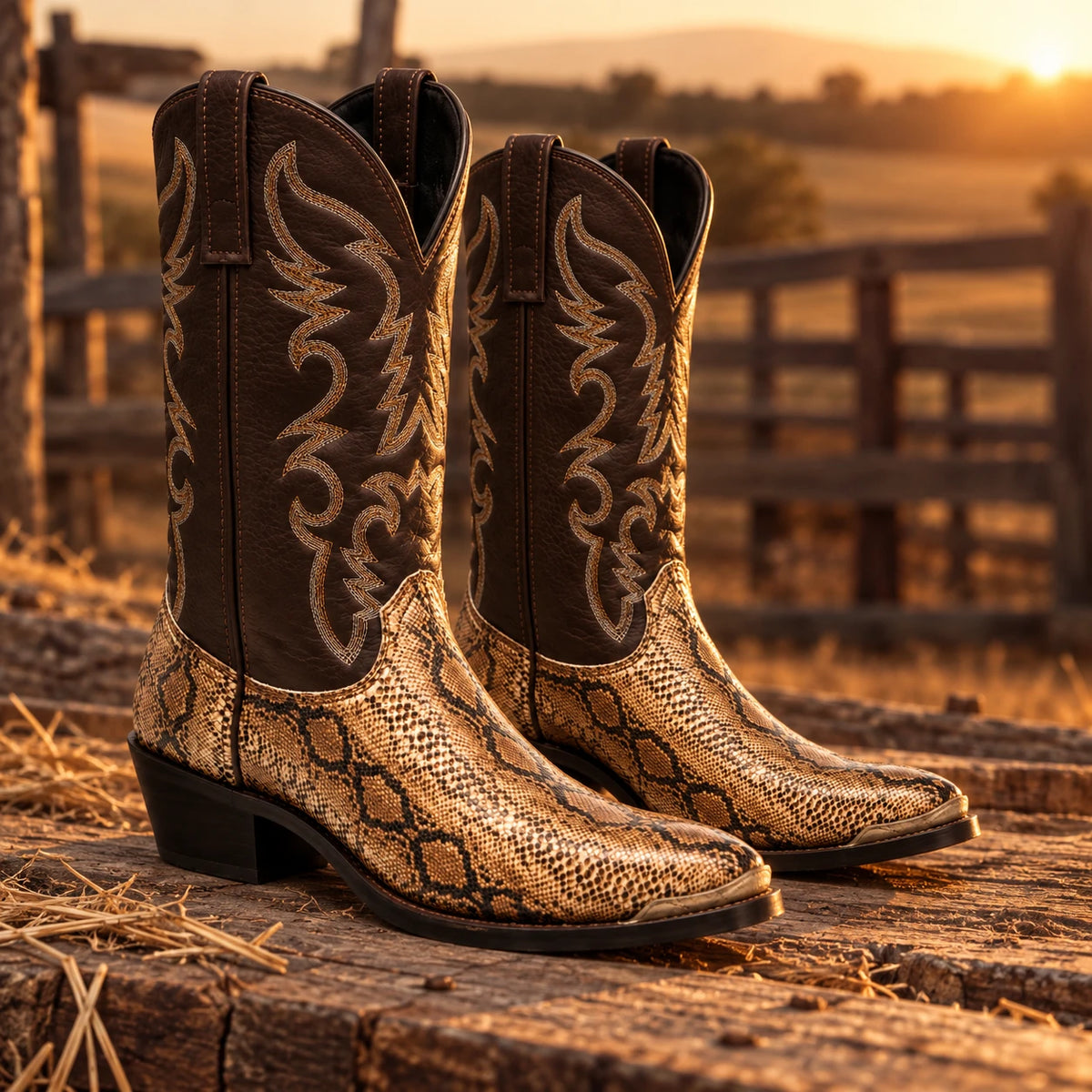 Tall western cowboy boots on weathered wood at golden hour