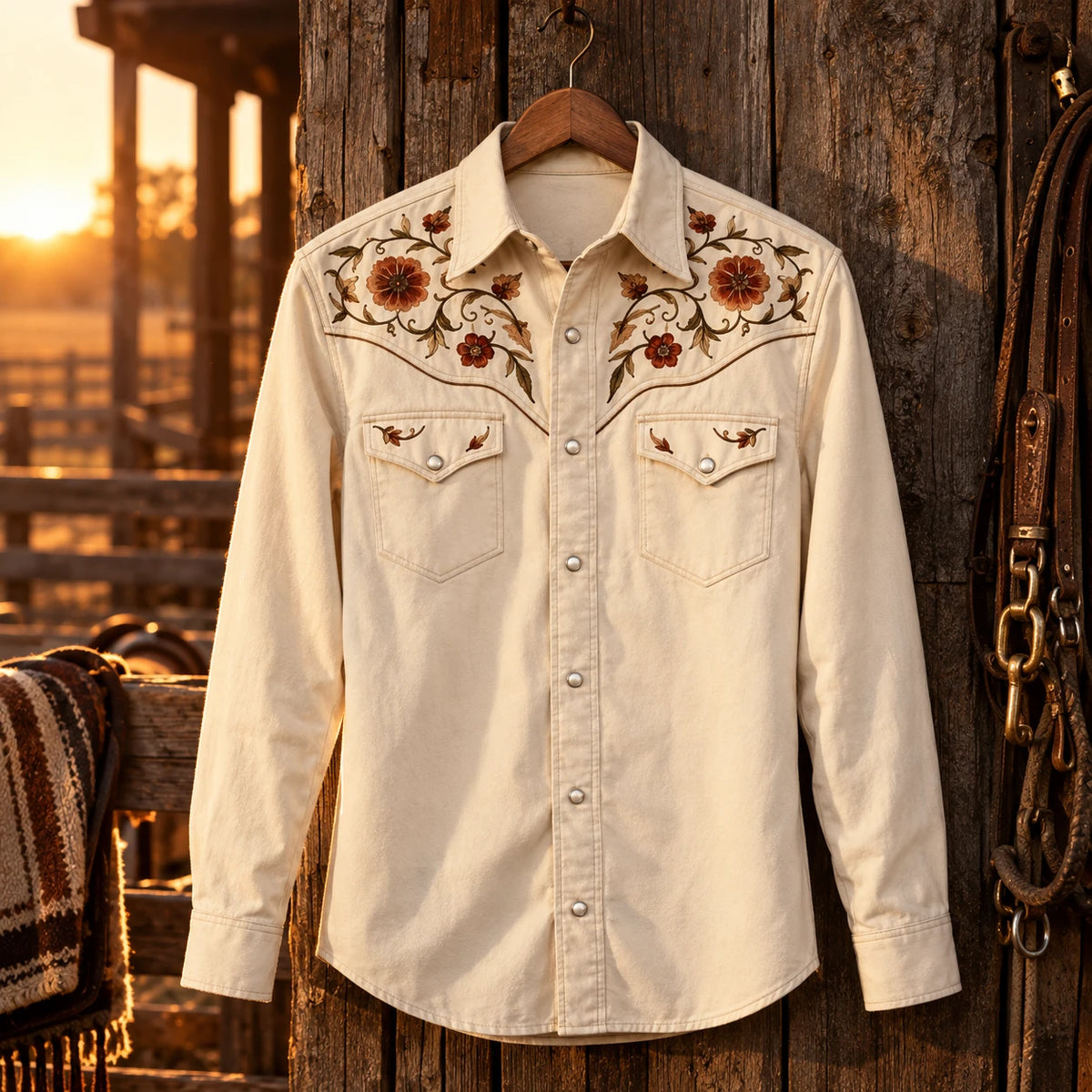 Embroidered western shirt hanging on a rustic barn wall at sunset