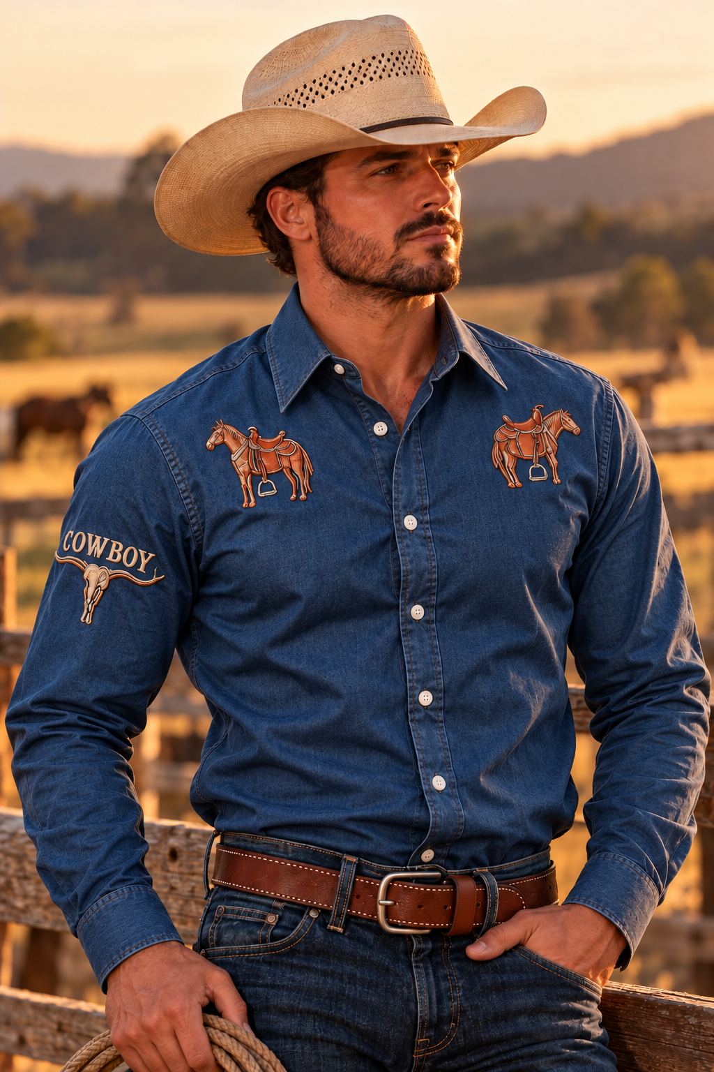 Men's Western Rodeo Long Sleeve Shirt - blue