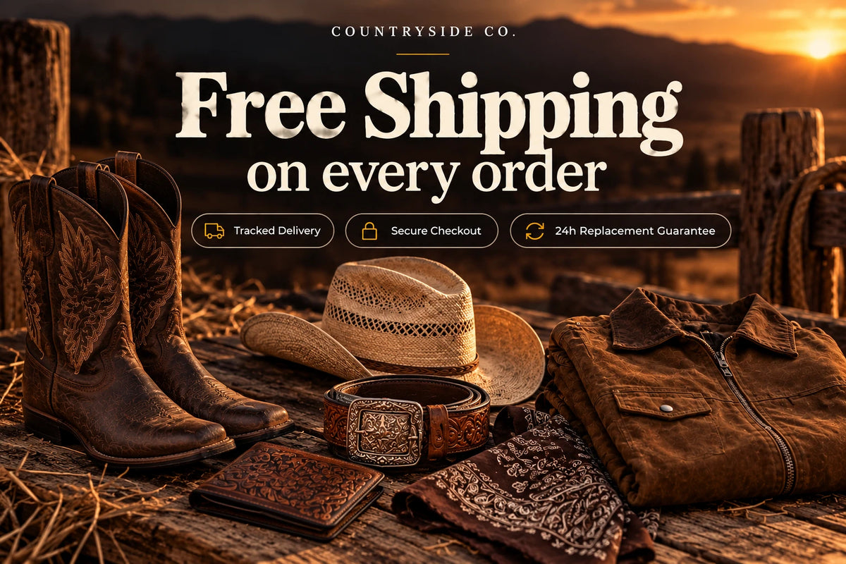 Countryside Co. free shipping on every order mobile banner with western boots, straw hat, belt, wallet, bandana and jacket