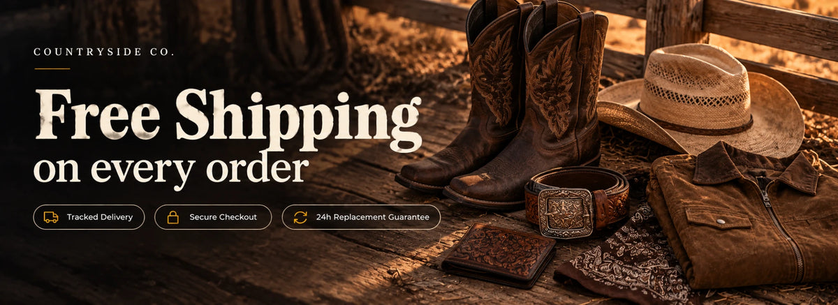 Countryside Co. free shipping on every order banner with western boots, straw hat, belt, wallet and jacket