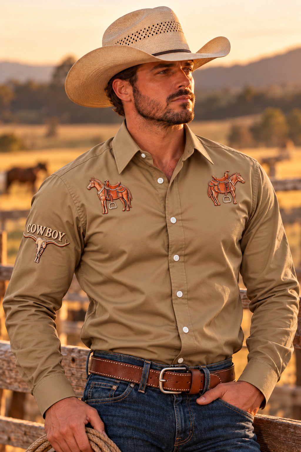 Men's Western Rodeo Long Sleeve Shirt - khaki