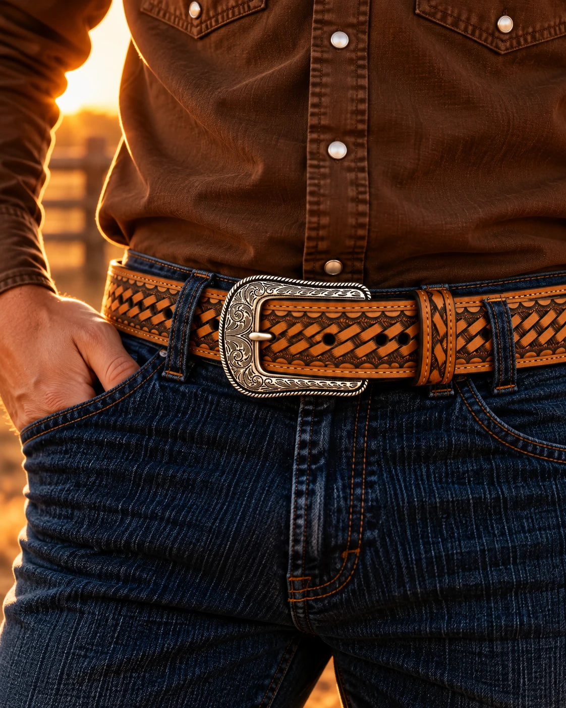 Men's Basketweave Tooled Belt & Buckle worn with jeans and a western shirt