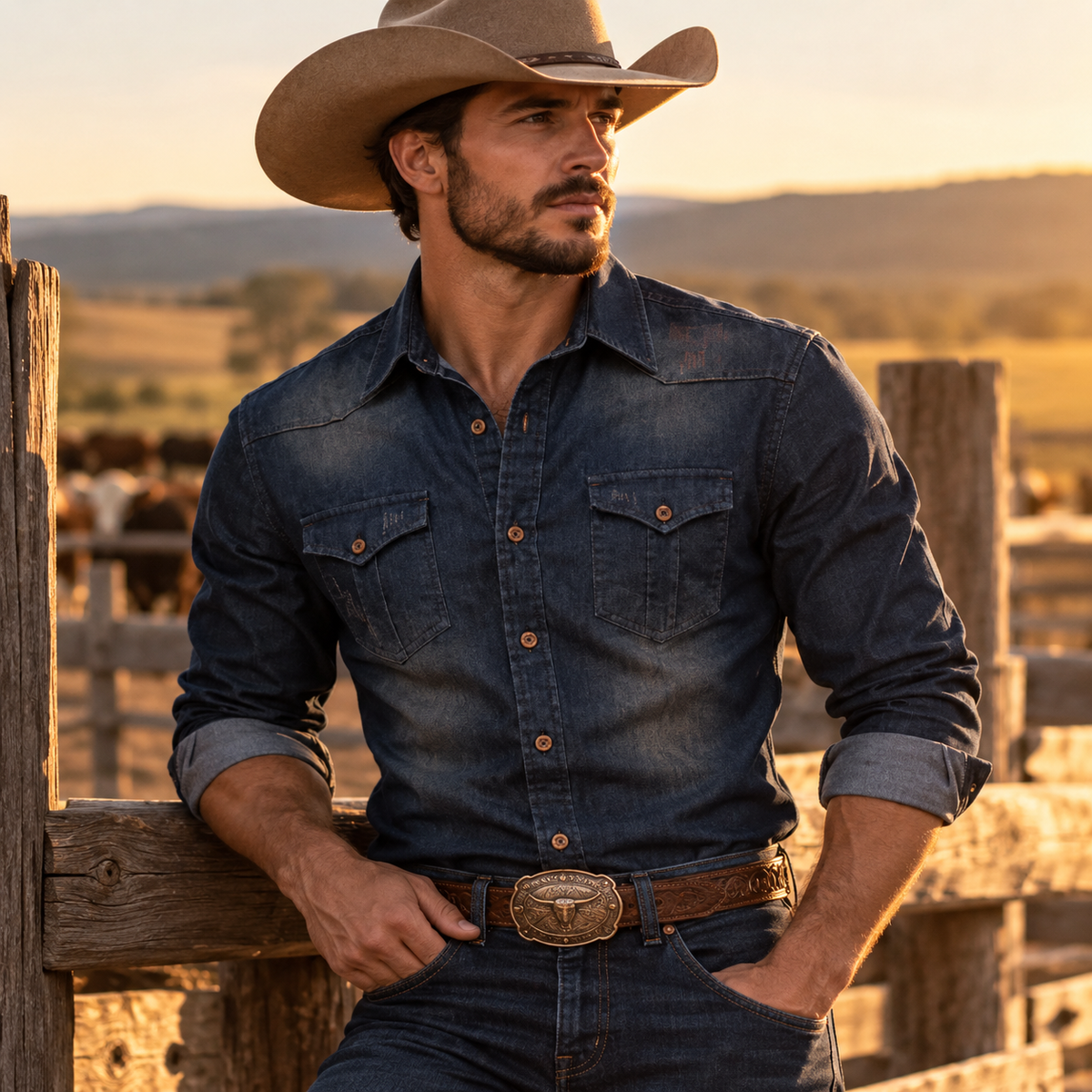 Men's Slim Fit Western Denim Shirt - navy