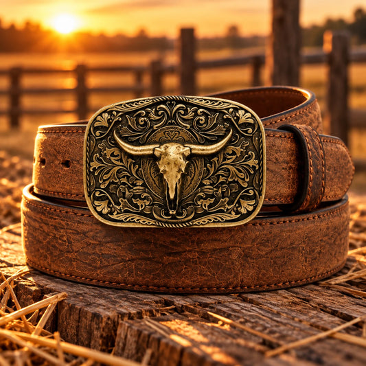 Men's Bronze Bull Skull Belt & Buckle on rustic wood at golden hour