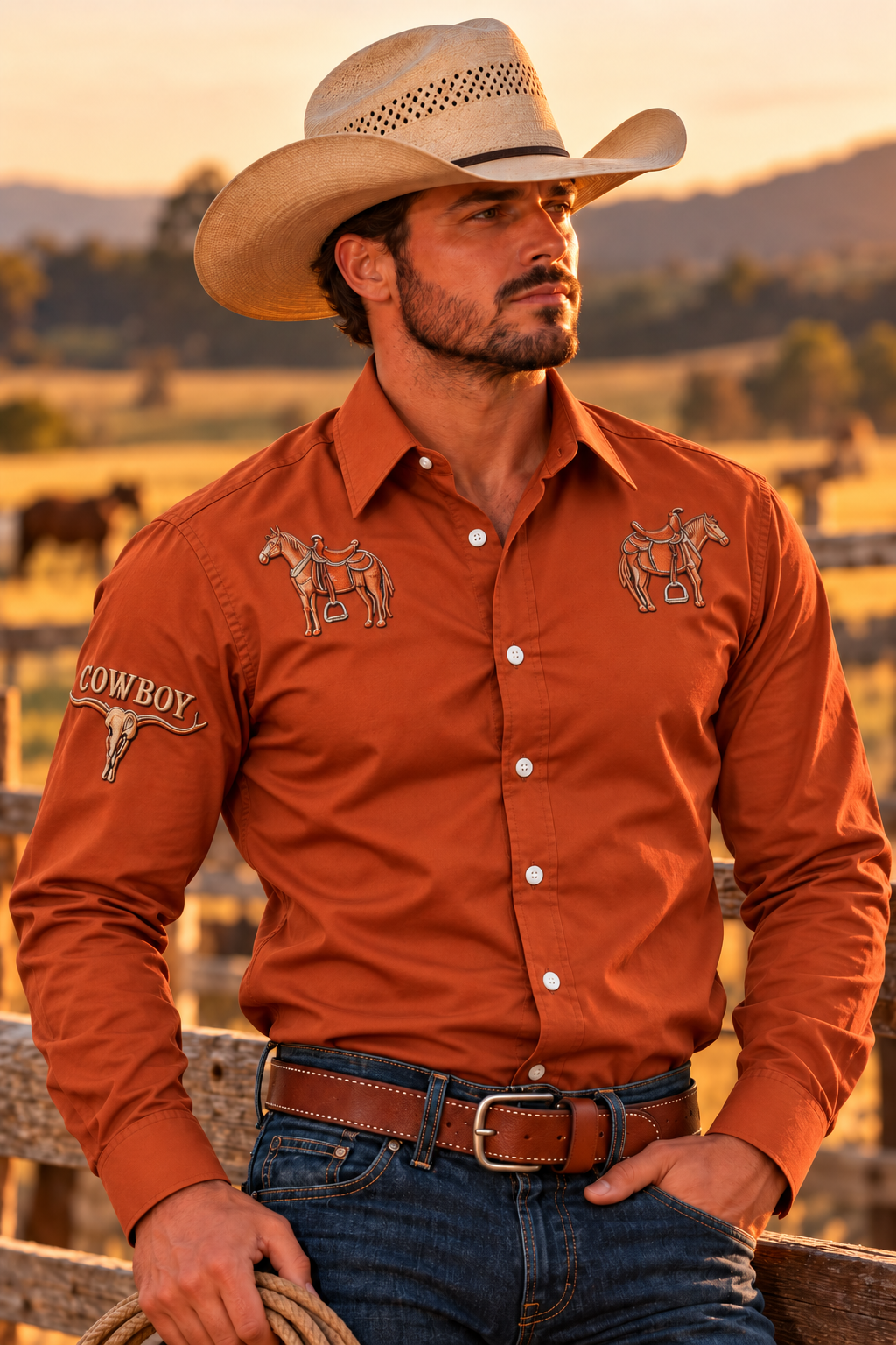 Men's Western Rodeo Long Sleeve Shirt - orange
