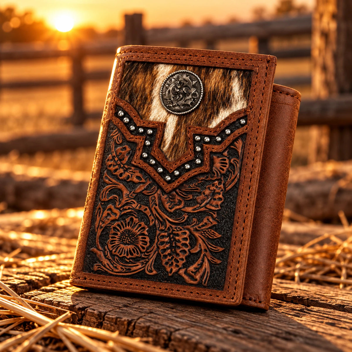 Men's Cowhide & Tooled Leather Trifold Wallet on rustic wood at golden hour
