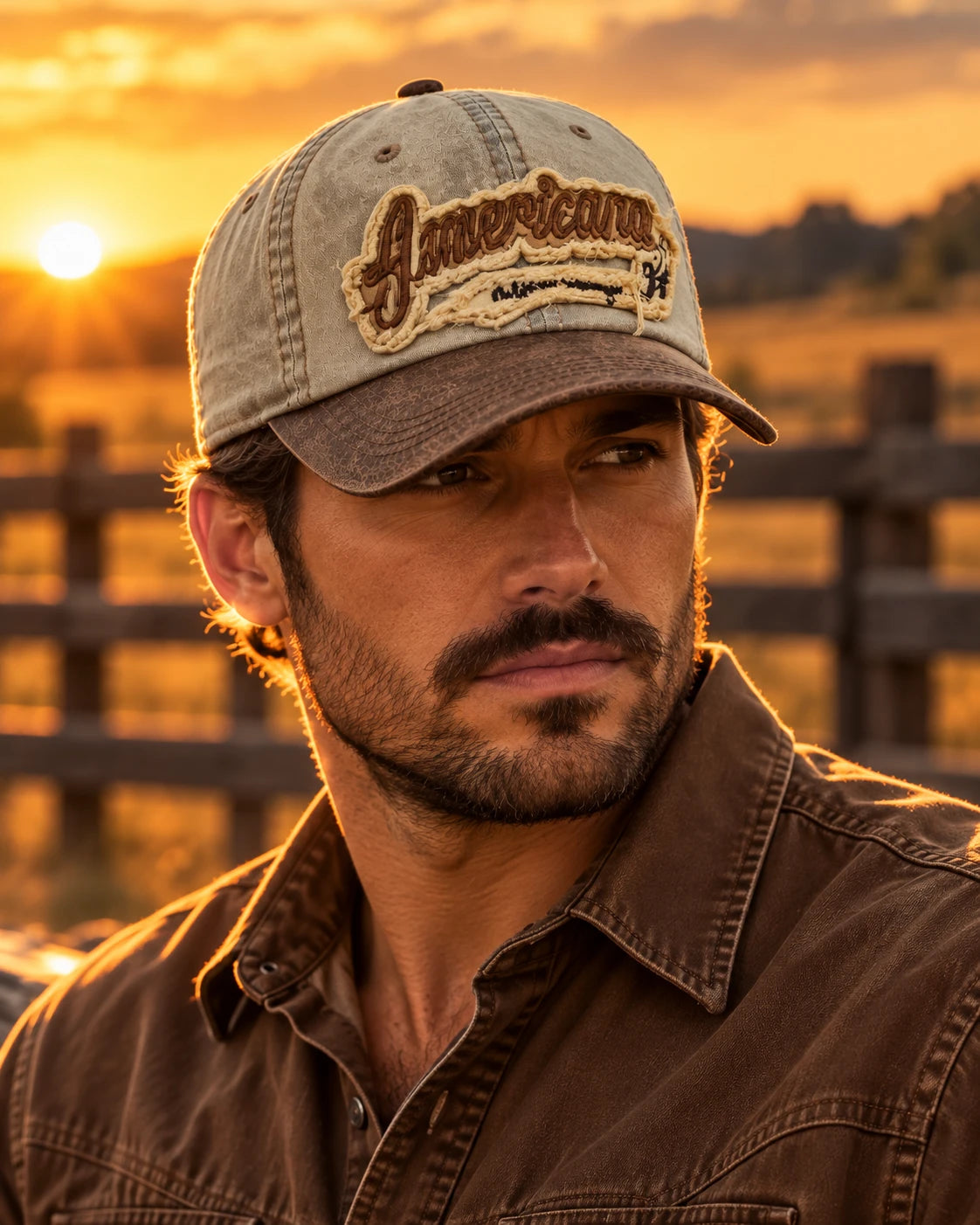 Men's Distressed America Patch Cap worn at golden hour