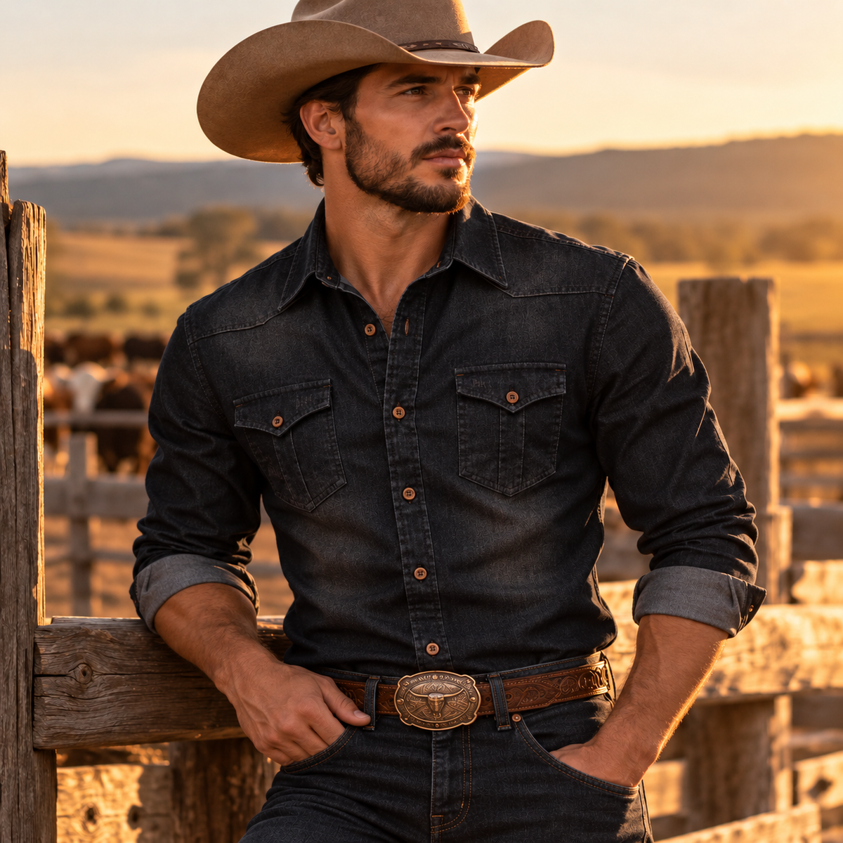 Men's Slim Fit Western Denim Shirt - black