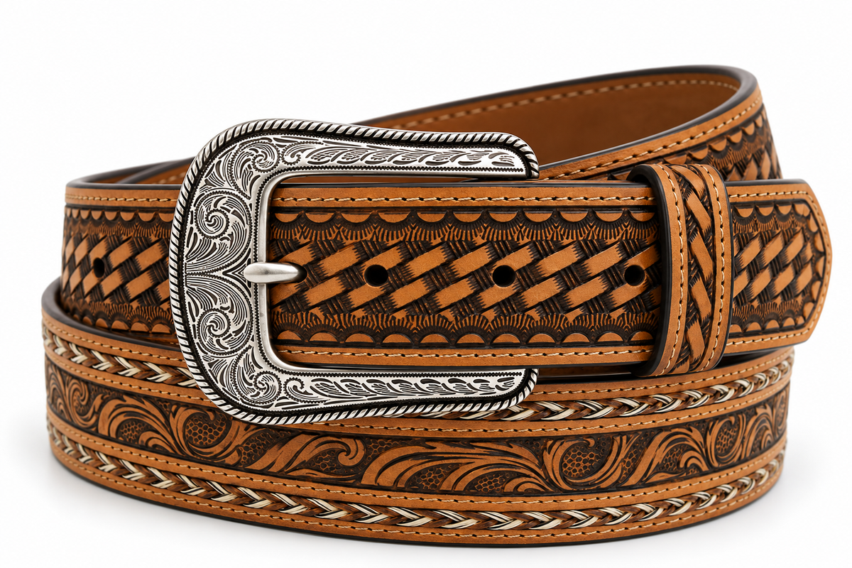 Men's Basketweave Tooled Belt & Buckle - full view