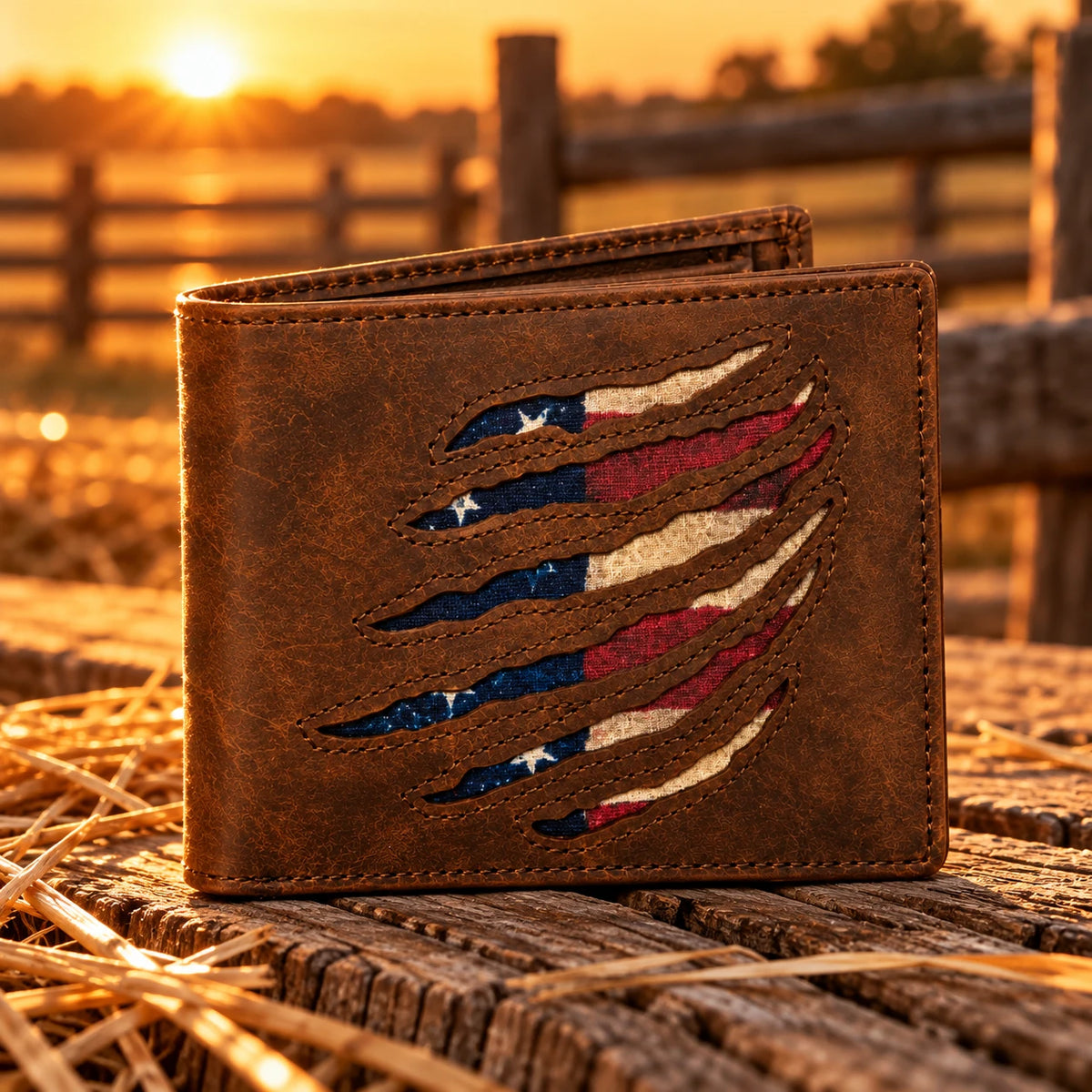 Men's American Flag Slash Bifold Wallet on rustic wood at golden hour