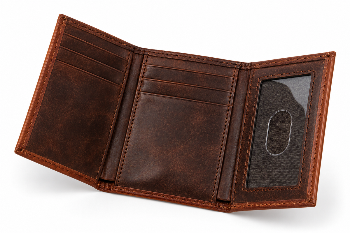Men's Cowhide & Tooled Leather Trifold Wallet - open interior
