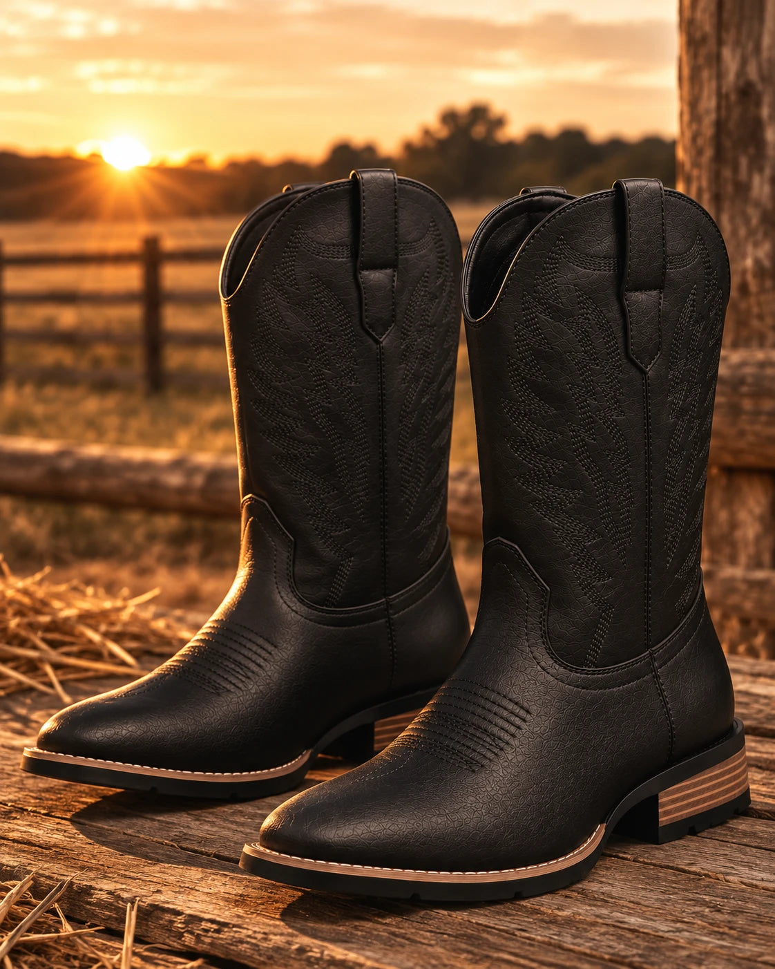 Men's Stitched Shaft Western Boots in black on rustic wood at golden hour