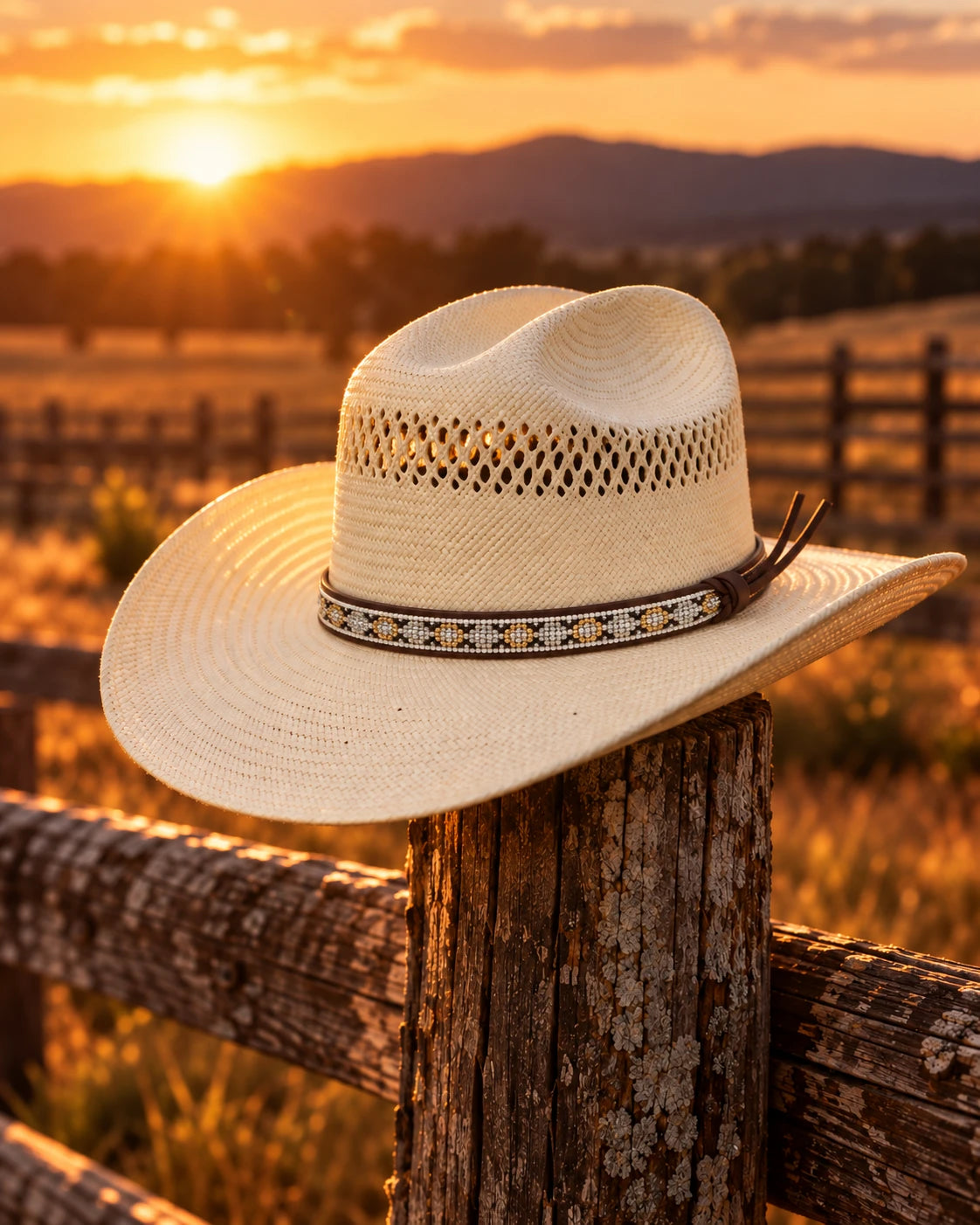 Men's Handwoven Straw Western Cowboy Hat on a fence post at golden hour