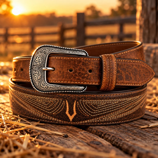 Men's Two-Tone Stitched Western Belt & Buckle on rustic wood at golden hour
