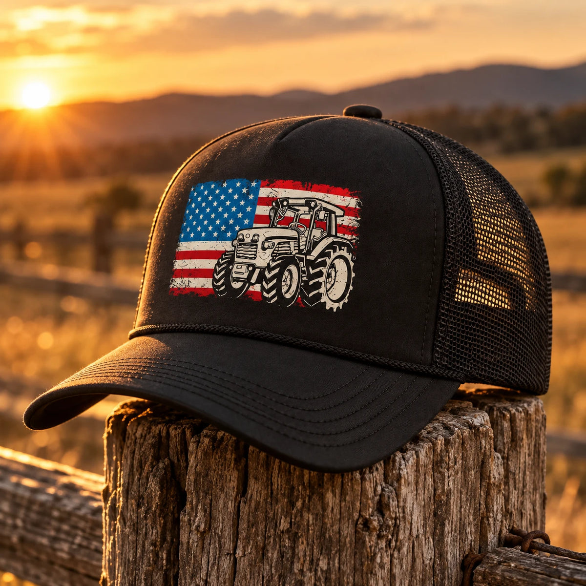 Men's American Tractor Trucker Cap on a fence post at golden hour