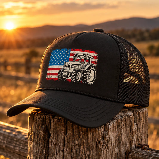 Men's American Tractor Trucker Cap on a fence post at golden hour