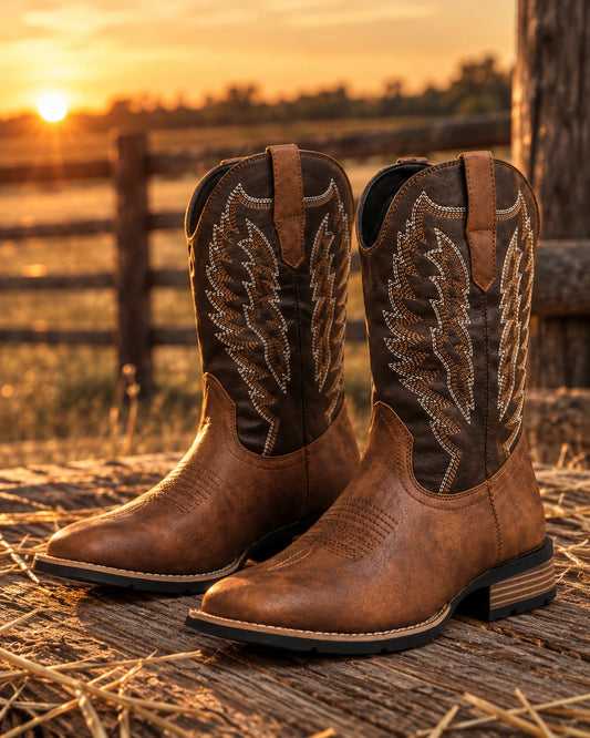 Men's Stitched Shaft Western Boots in brown on rustic wood at golden hour